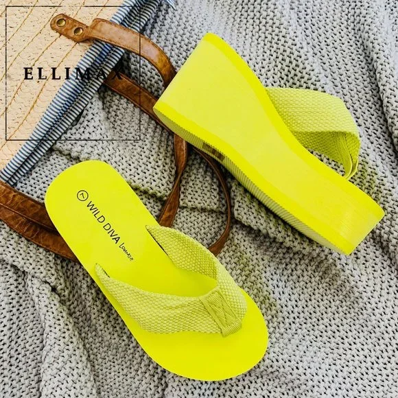 NEW🔥 Lime Yellow Thong Open Toe Platform Wedge Heel Flip Flops Sandals  Slip-On
